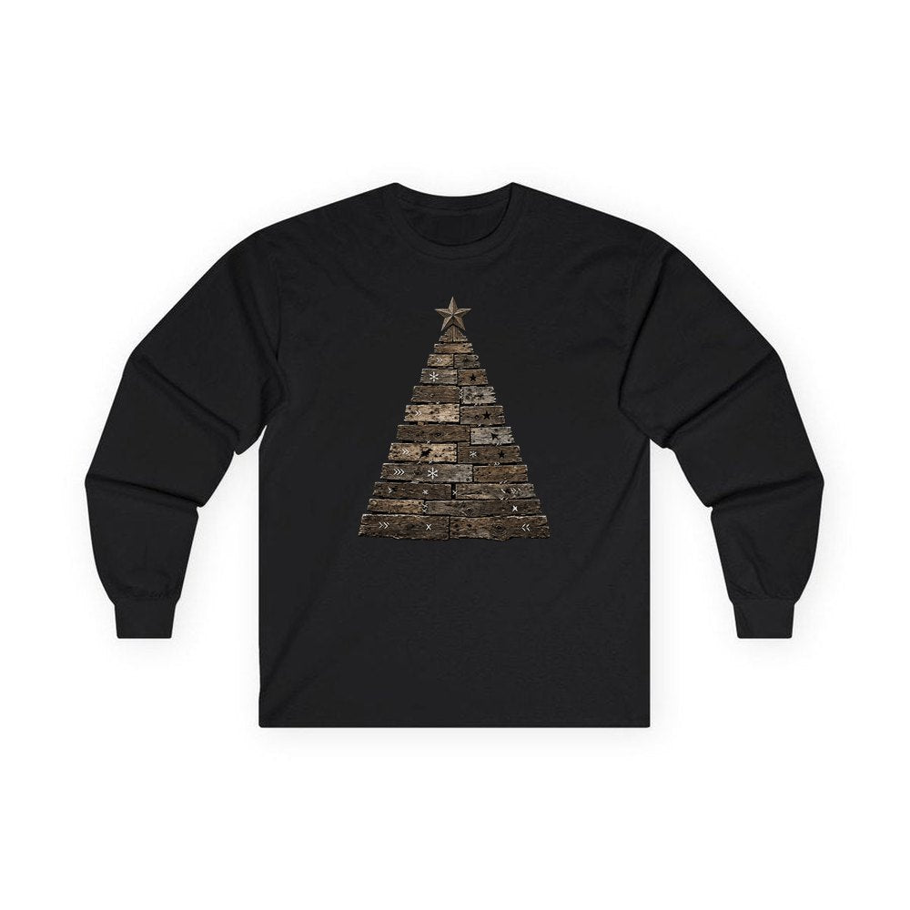 Rustic Timber Christmas Tree personalised long sleeve Christmas T-shirt in black
