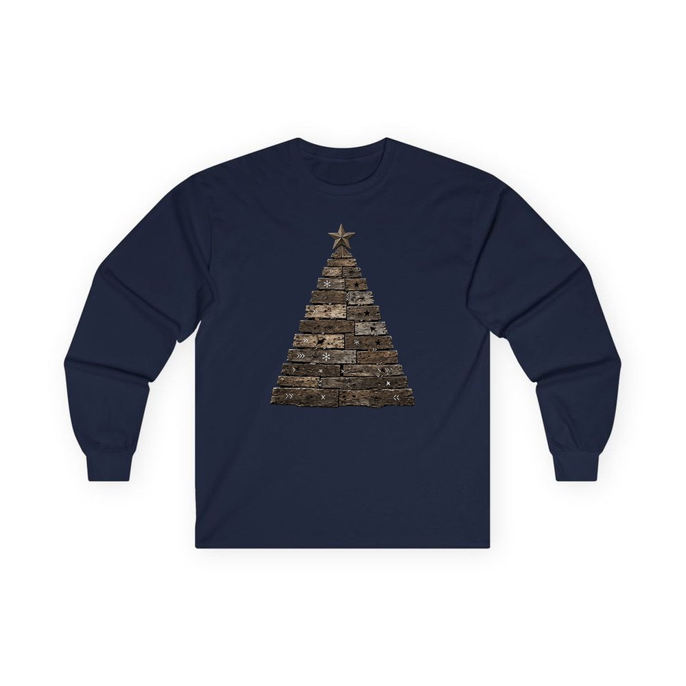 Rustic Timber Christmas Tree personalised long sleeve Christmas T-shirt in navy