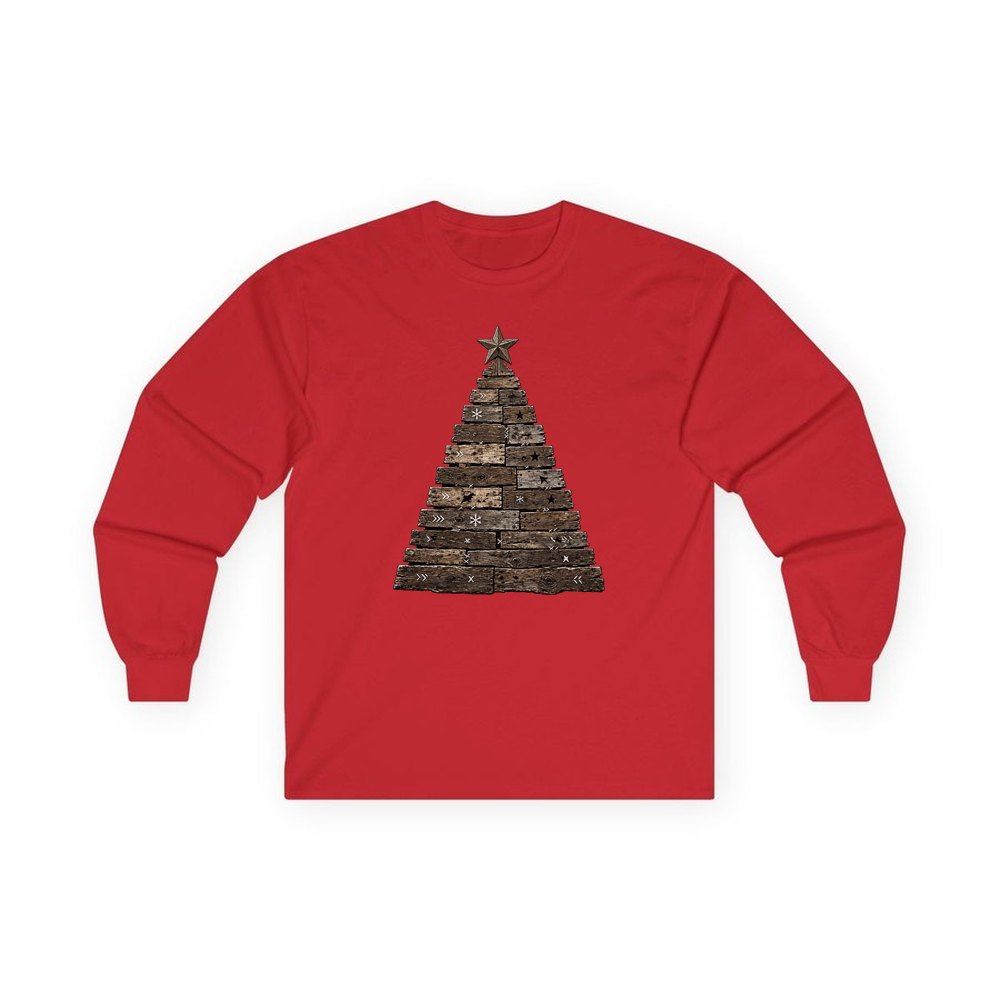 Rustic Timber Christmas Tree personalised long sleeve Christmas T-shirt in red