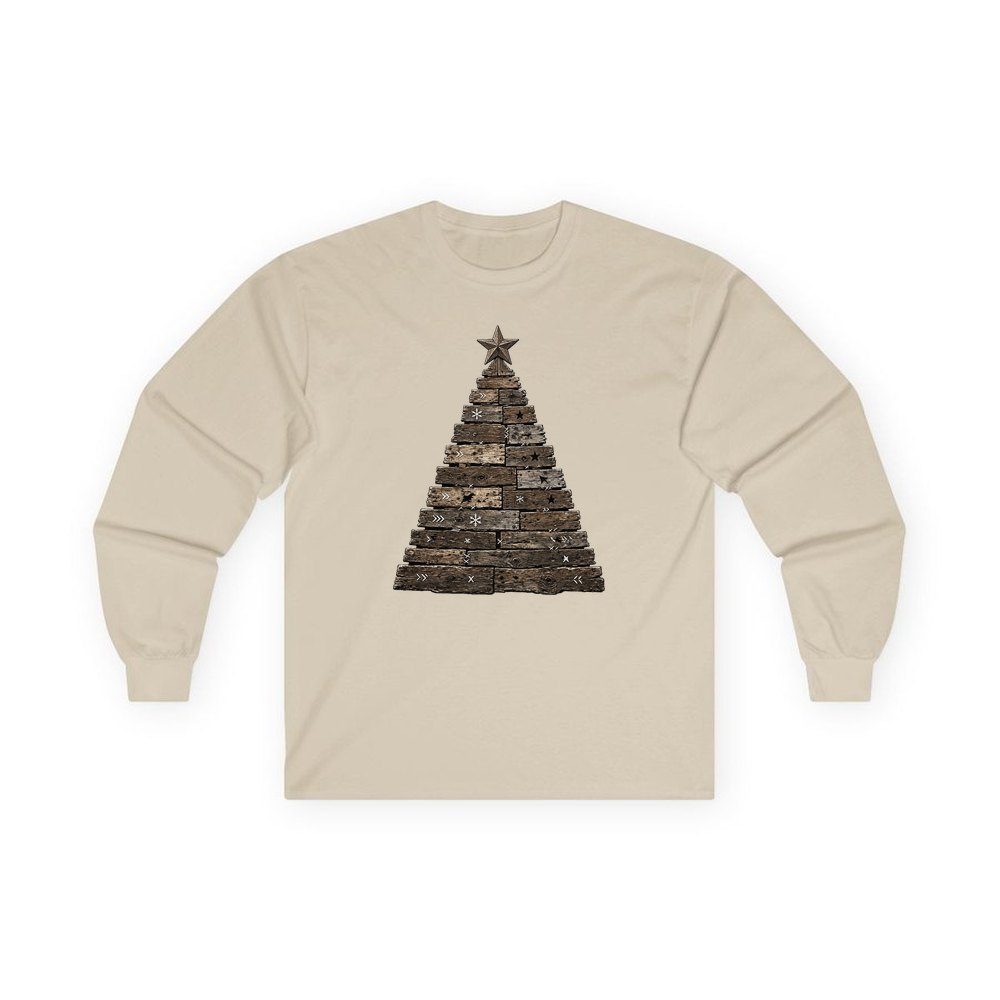 Rustic Timber Christmas Tree personalised long sleeve Christmas T-shirt in sand