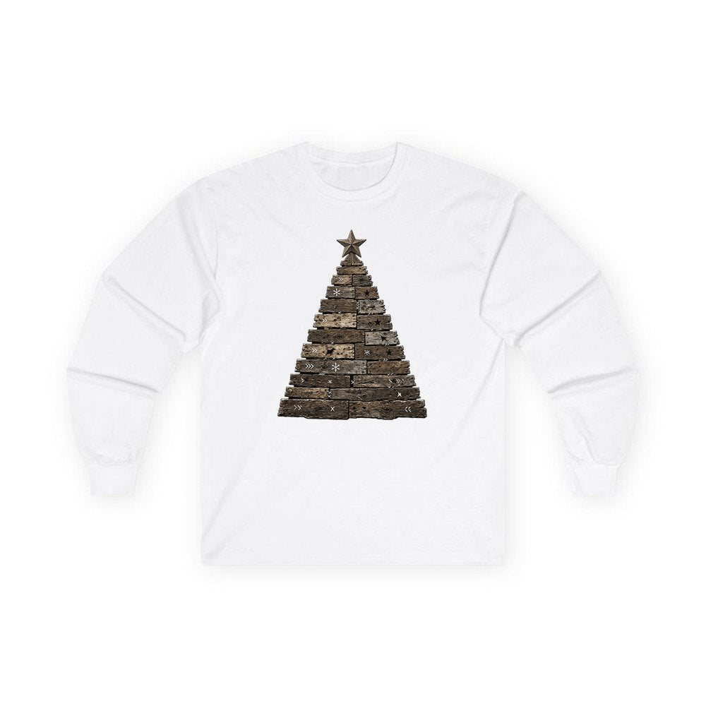 Rustic Timber Christmas Tree personalised long sleeve Christmas T-shirt in white