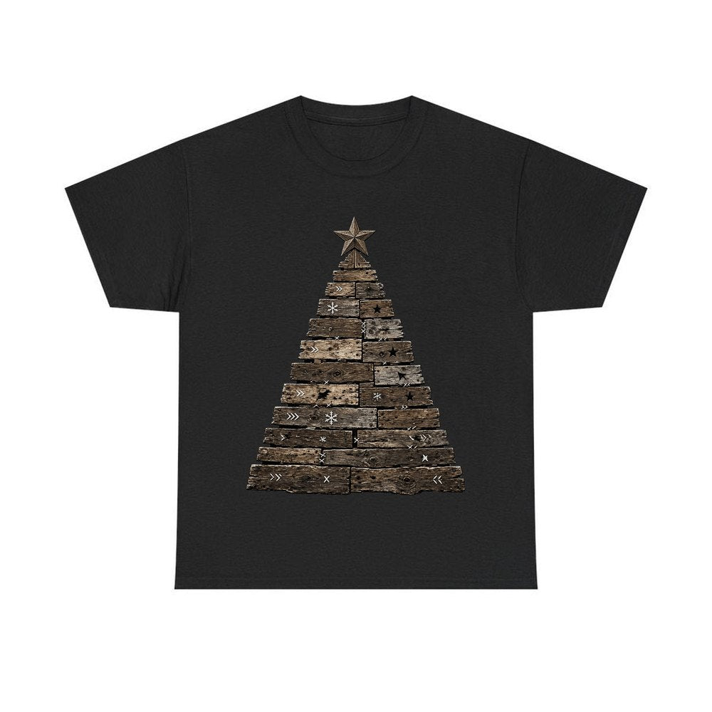 Rustic Timber Christmas Tree personalised Christmas T-shirt in black