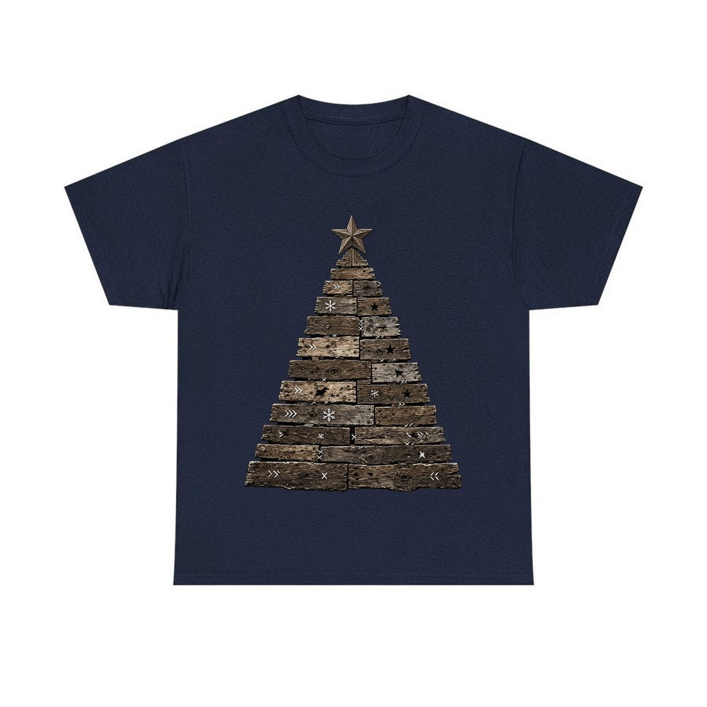 Rustic Timber Christmas Tree personalised Christmas T-shirt in navy