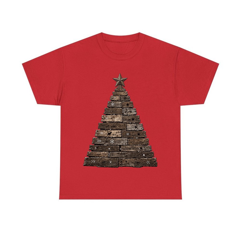 Rustic Timber Christmas Tree personalised Christmas T-shirt in red