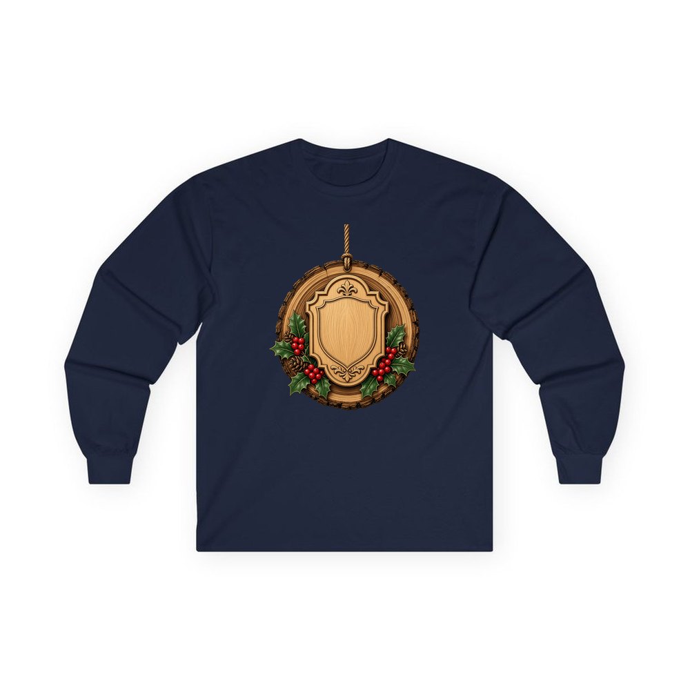 Rustic Timber Name Plaque personalised long sleeve Christmas T-shirt in navy