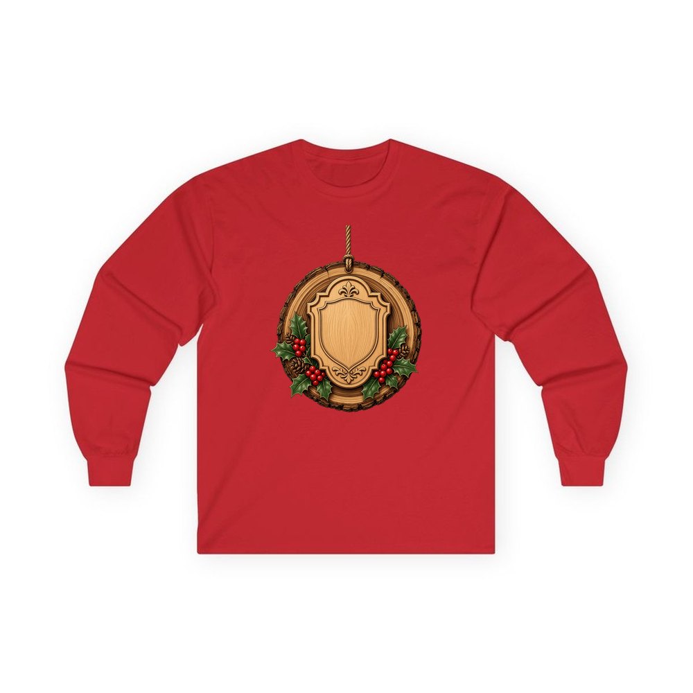 Rustic Timber Name Plaque personalised long sleeve Christmas T-shirt in red