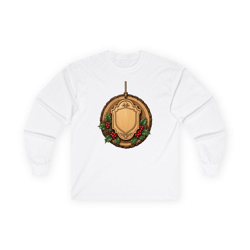 Rustic Timber Name Plaque personalised long sleeve Christmas T-shirt in white