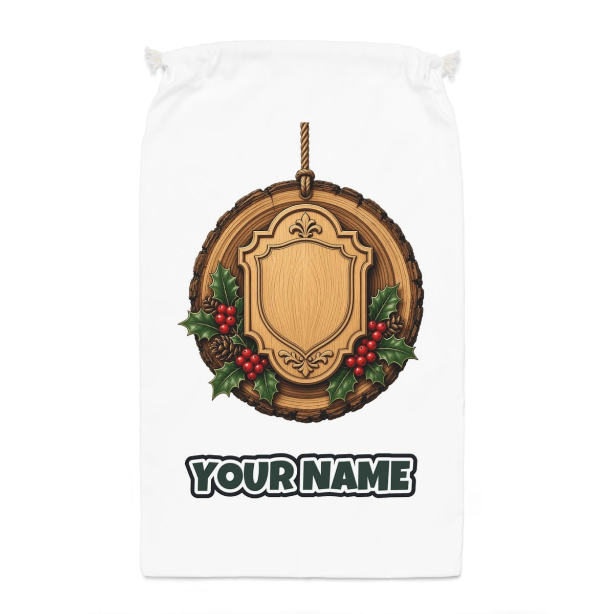 Rustic Timber Name Plaque Santa sack laid flat, showing the full print