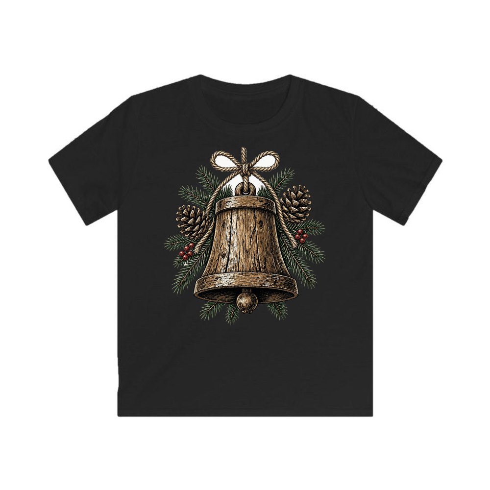 Rustic Wooden Bell With Pine personalised kids Christmas tee in black