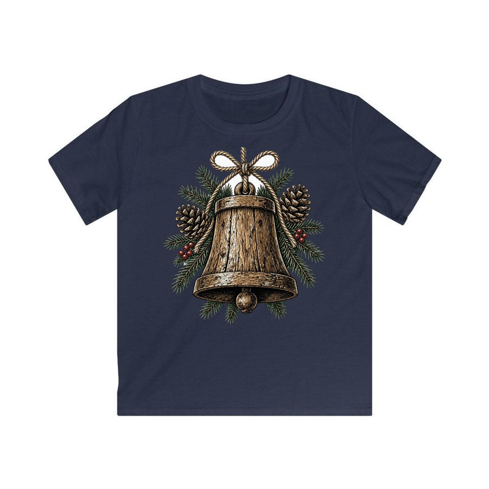 Rustic Wooden Bell With Pine personalised kids Christmas tee in navy