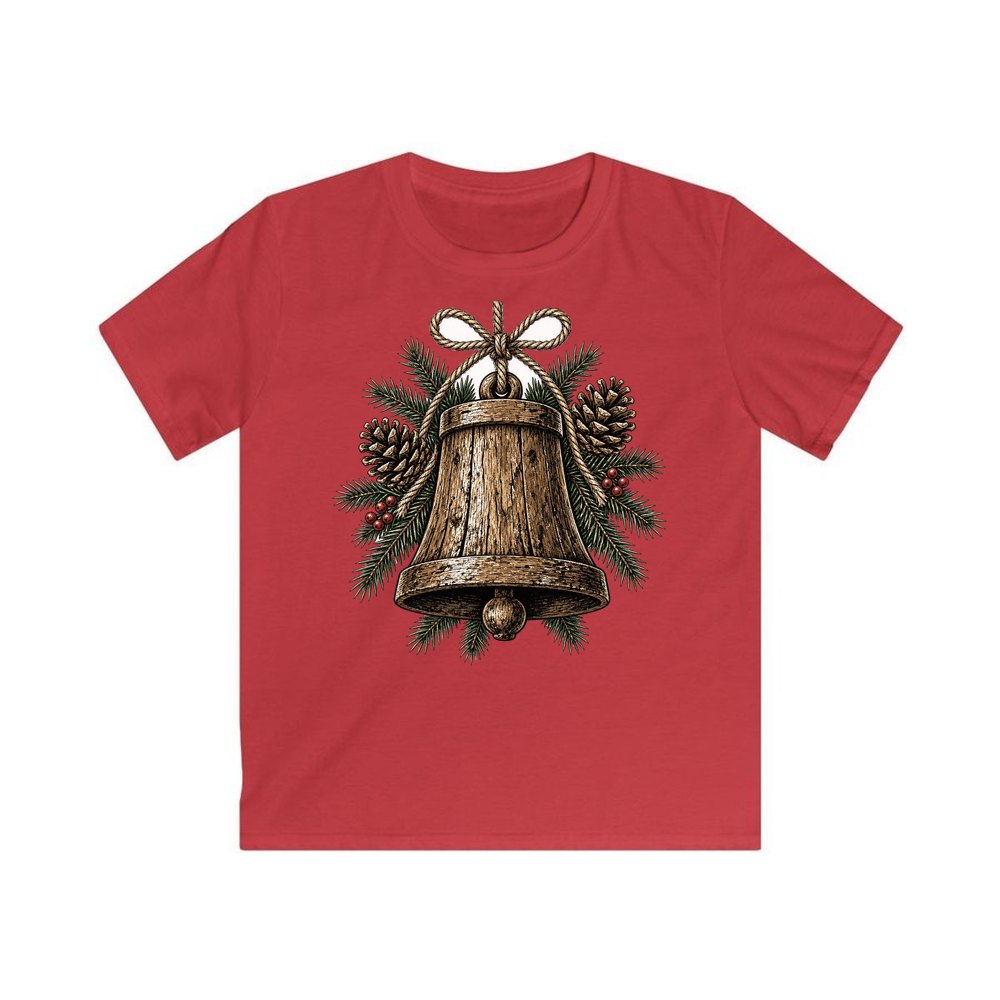 Rustic Wooden Bell With Pine personalised kids Christmas tee in red