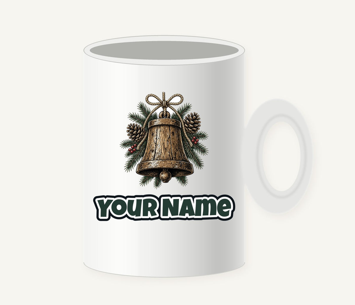 Rustic Wooden Bell With Pine Personalised Christmas Mug