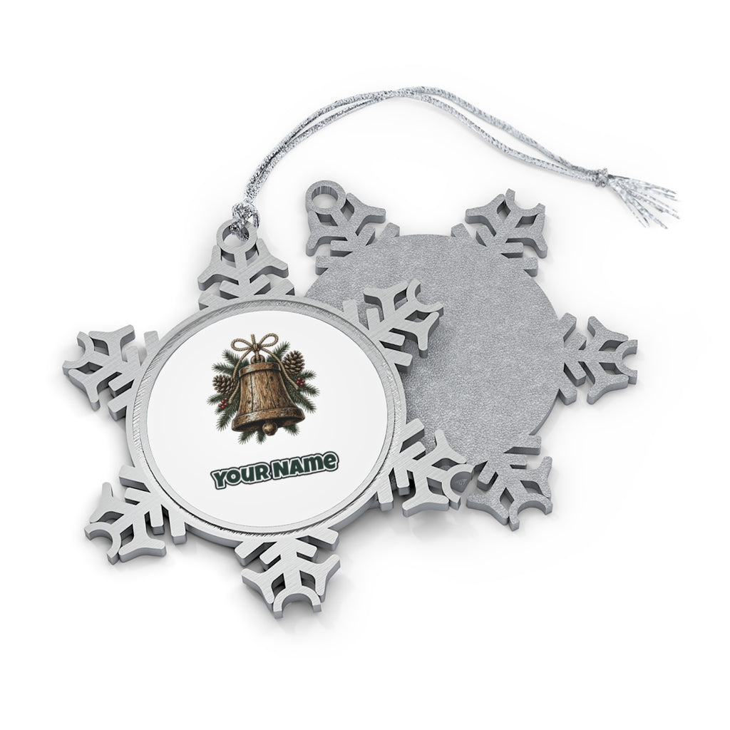 Rustic Wooden Bell With Pine Personalised Pewter Christmas Ornament