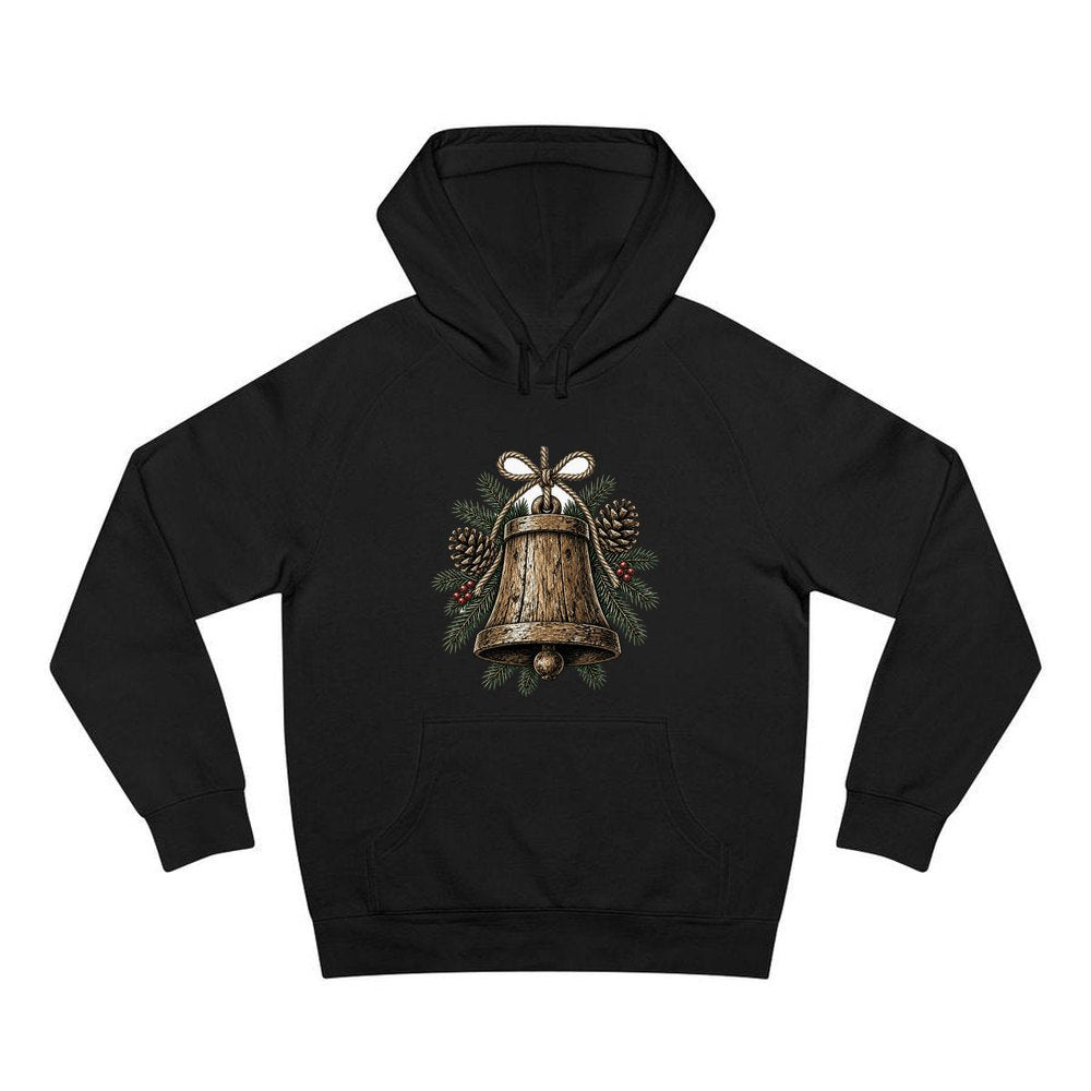 Rustic Wooden Bell With Pine personalised Christmas hoodie in black