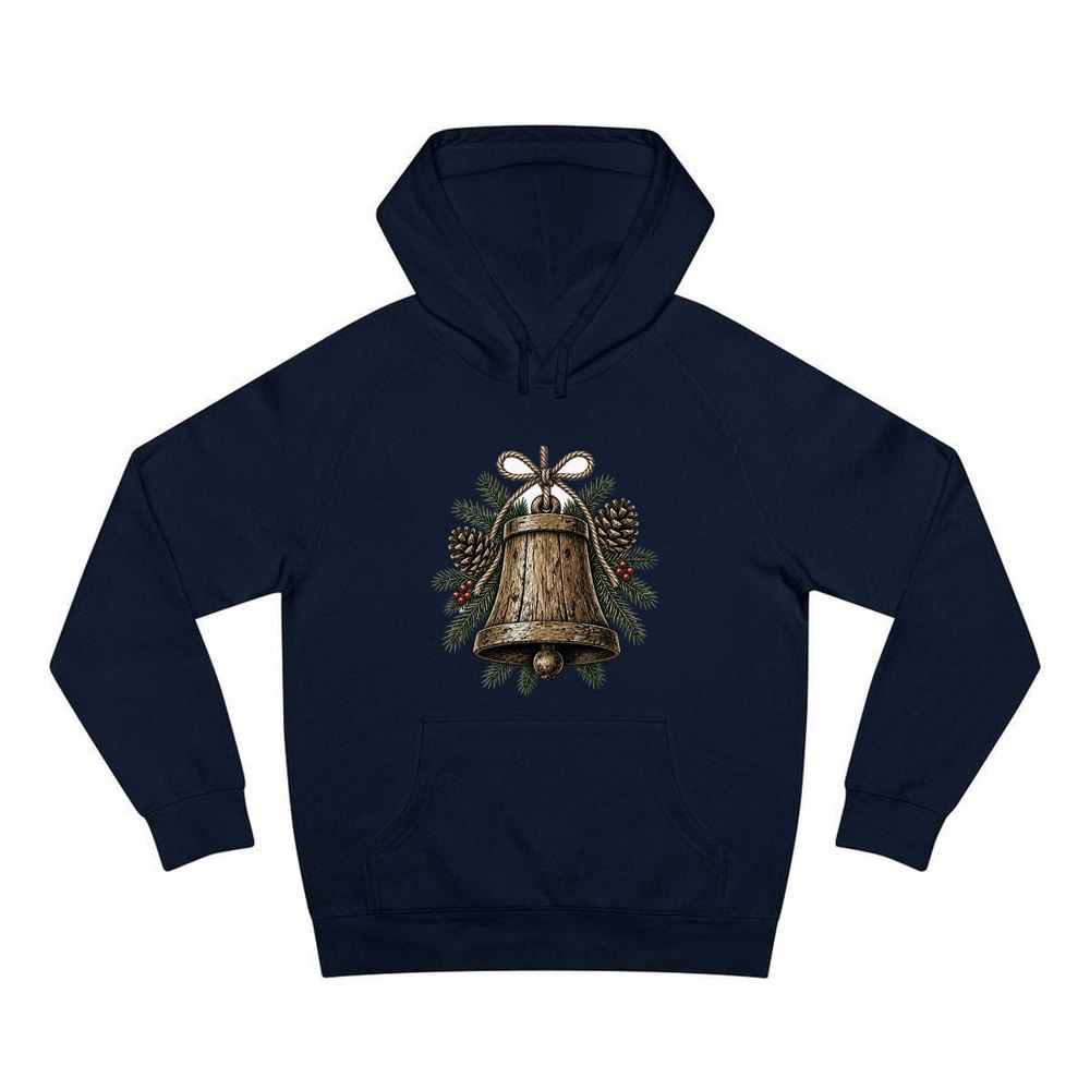 Rustic Wooden Bell With Pine personalised Christmas hoodie in navy
