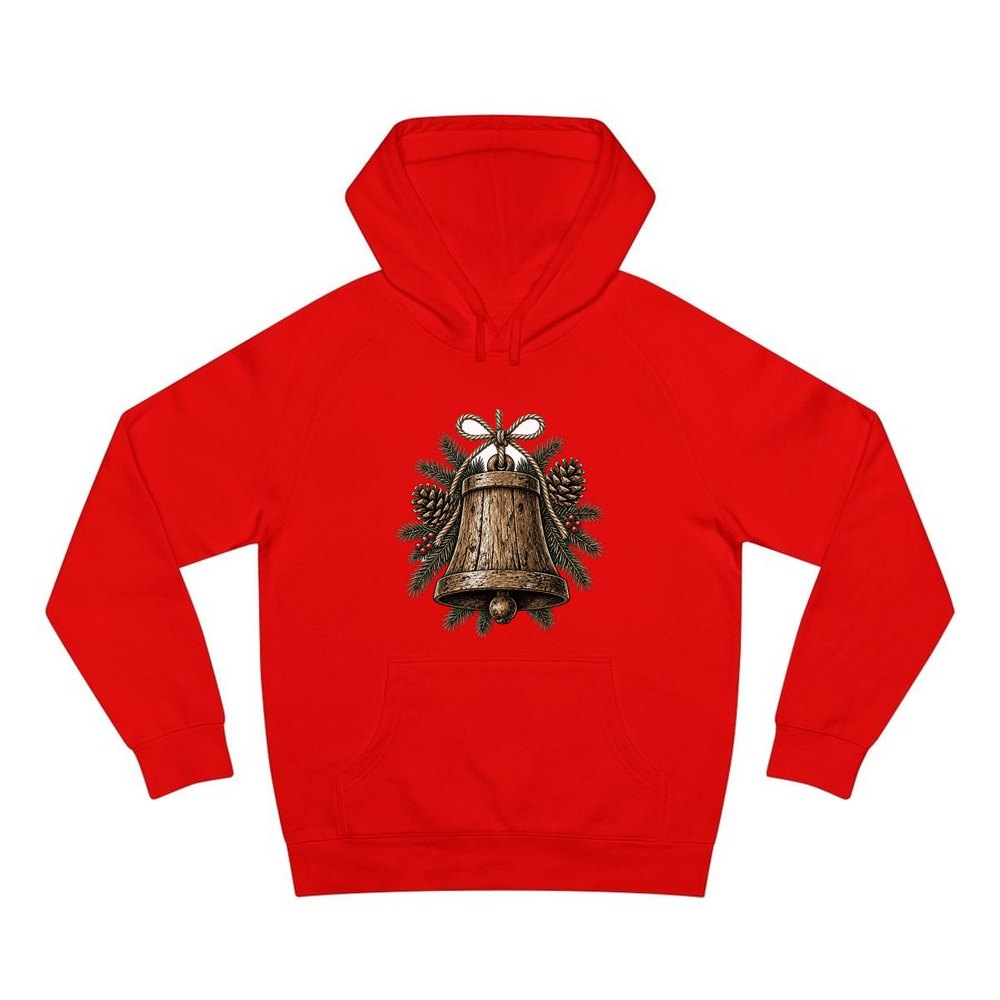 Rustic Wooden Bell With Pine personalised Christmas hoodie in red
