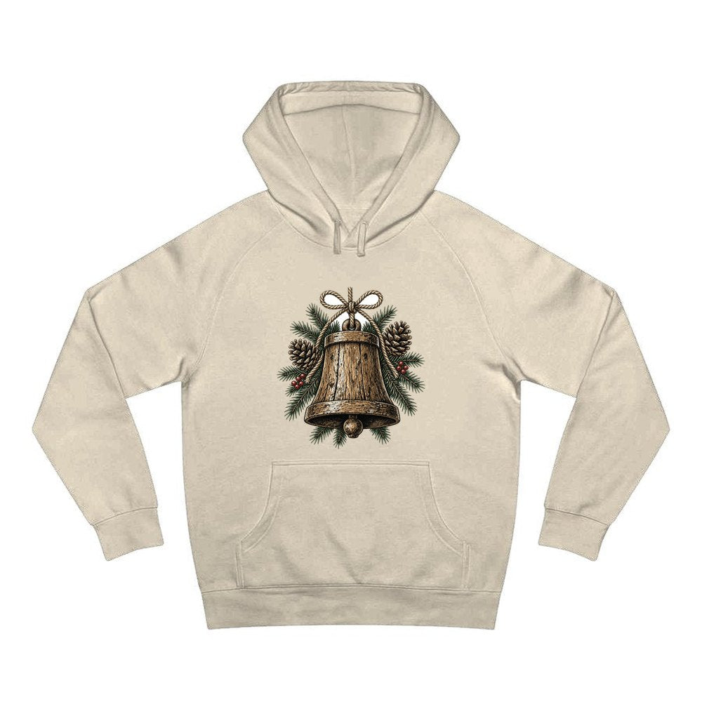 Rustic Wooden Bell With Pine personalised Christmas hoodie in sand