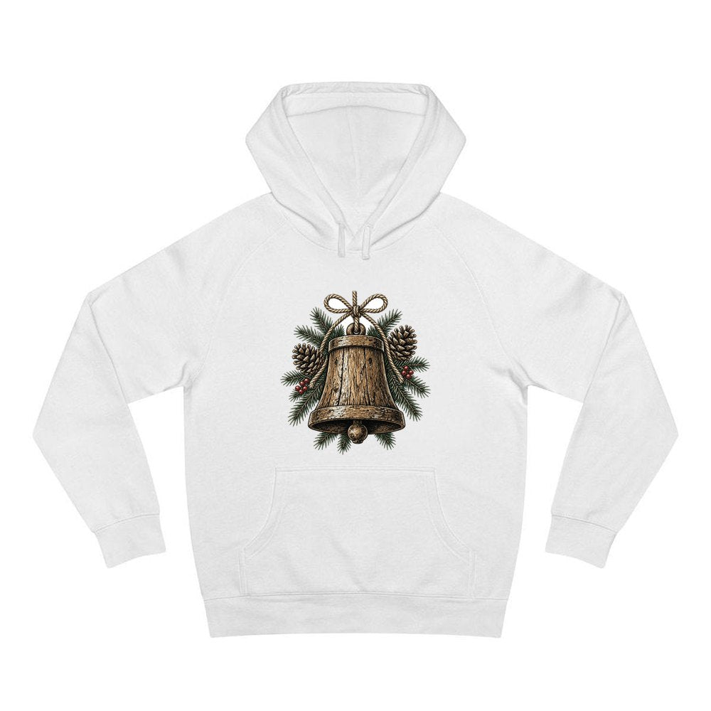 Rustic Wooden Bell With Pine personalised Christmas hoodie in white
