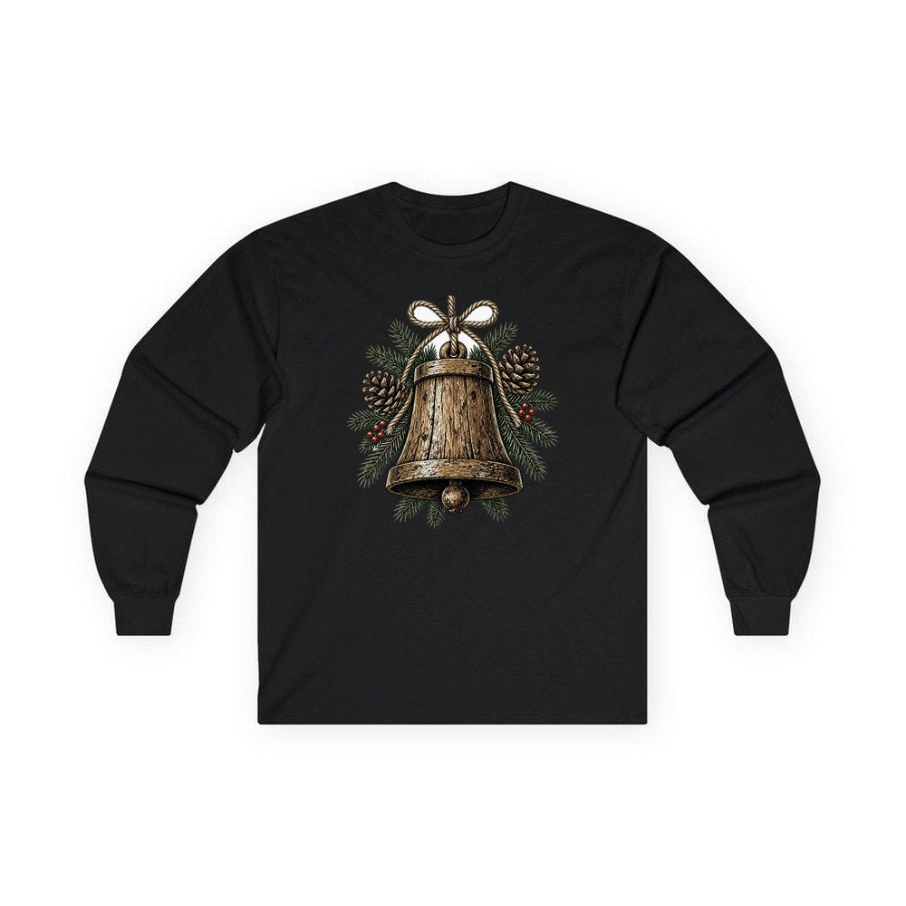 Rustic Wooden Bell With Pine personalised long sleeve Christmas T-shirt in black