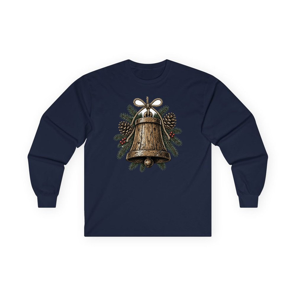 Rustic Wooden Bell With Pine personalised long sleeve Christmas T-shirt in navy