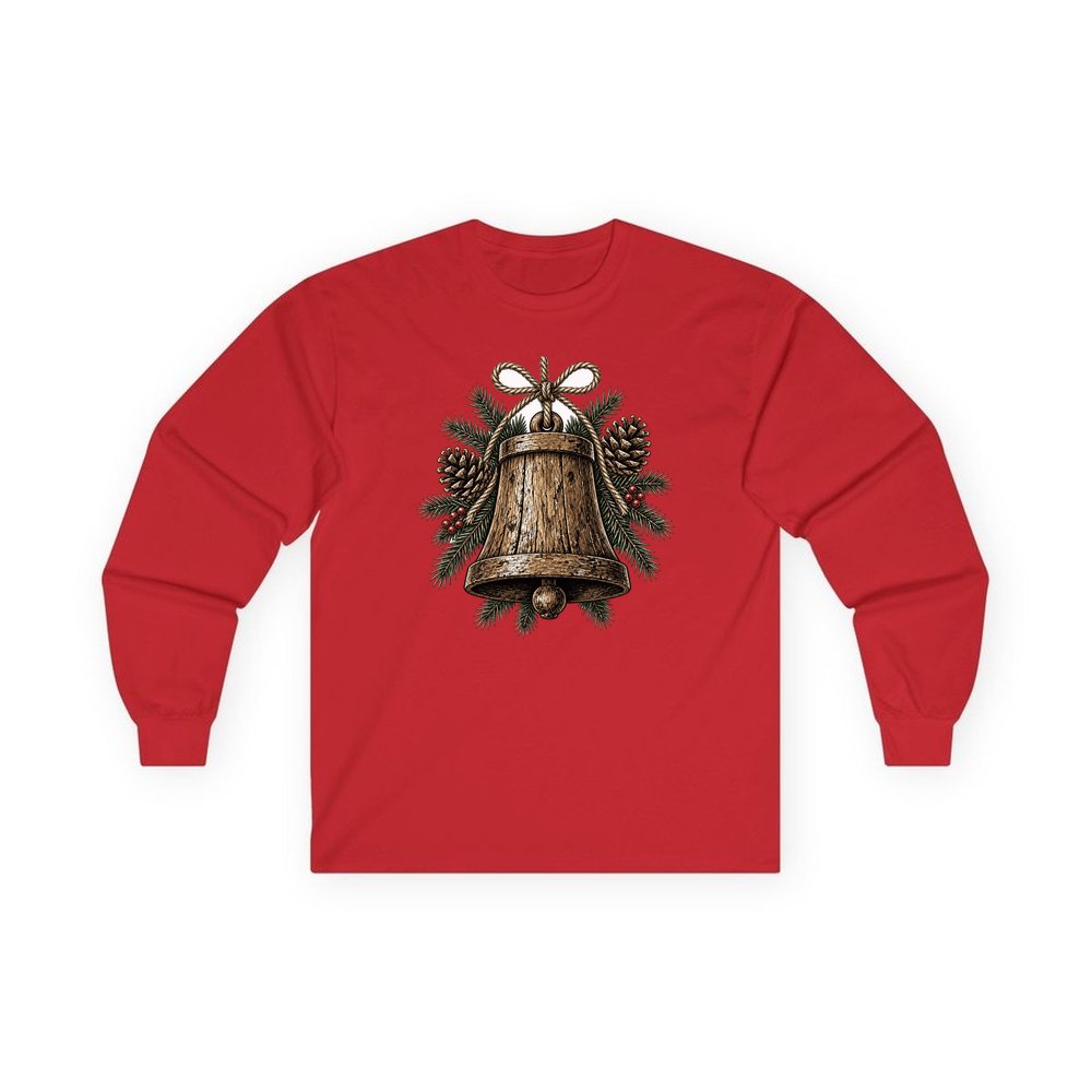 Rustic Wooden Bell With Pine personalised long sleeve Christmas T-shirt in red