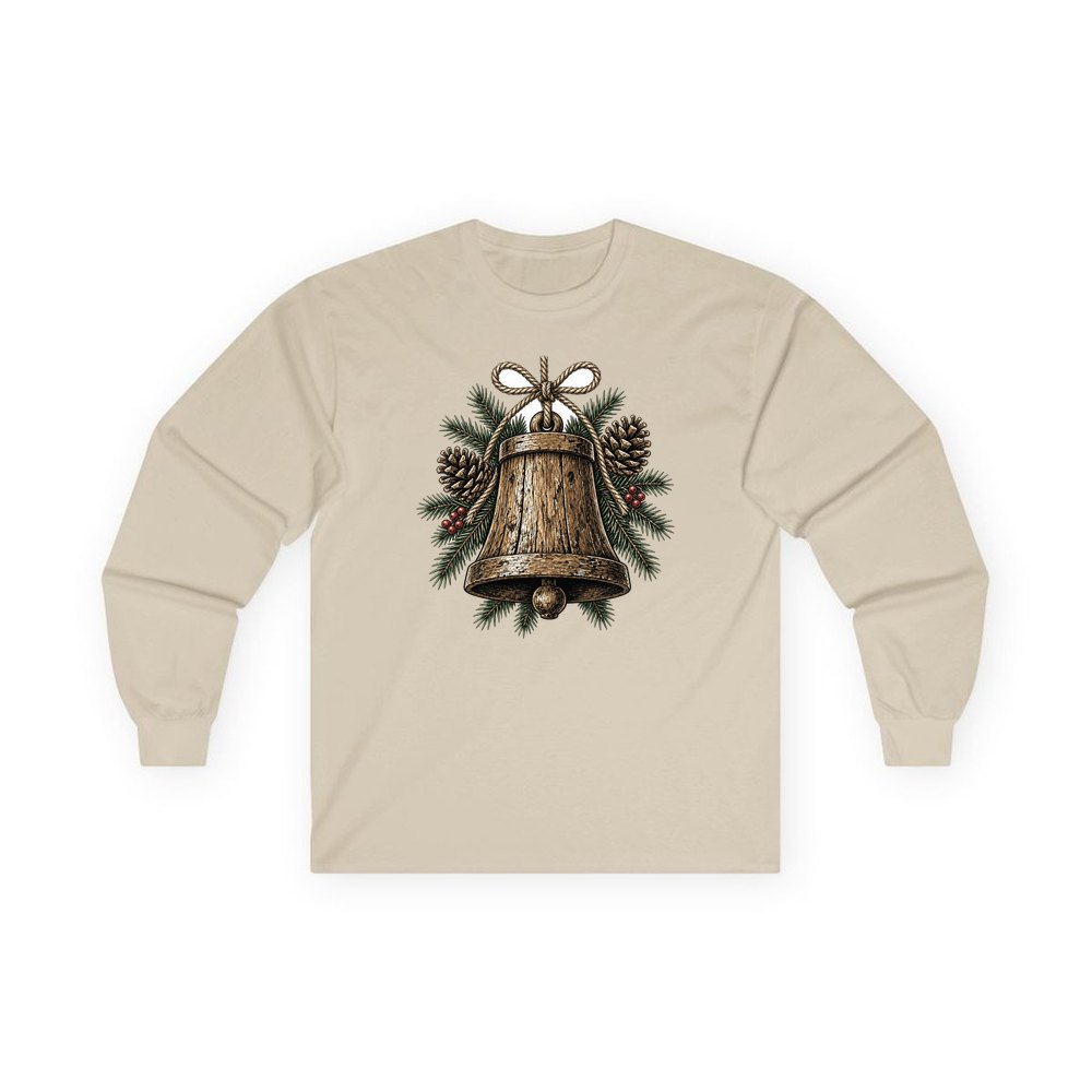 Rustic Wooden Bell With Pine personalised long sleeve Christmas T-shirt in sand