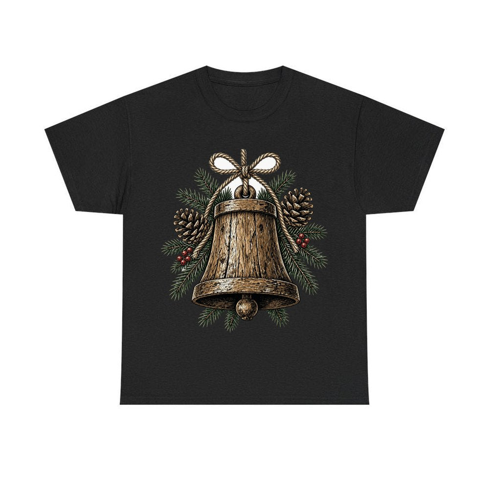 Rustic Wooden Bell With Pine personalised Christmas T-shirt in black