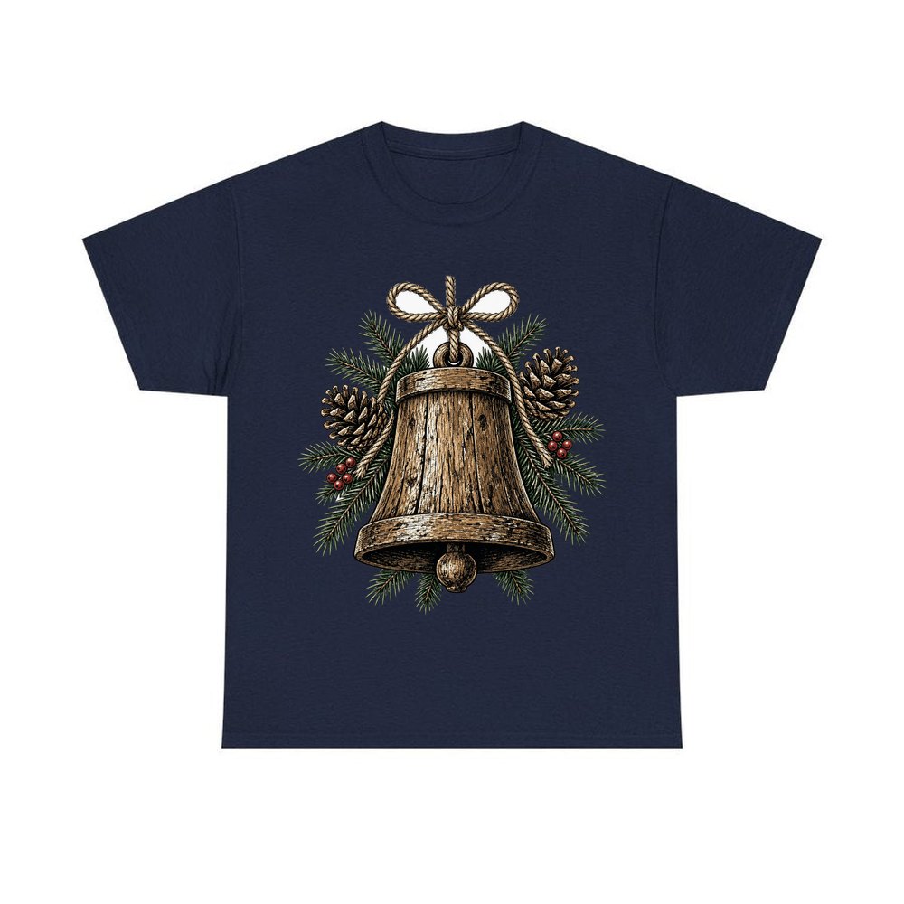 Rustic Wooden Bell With Pine personalised Christmas T-shirt in navy
