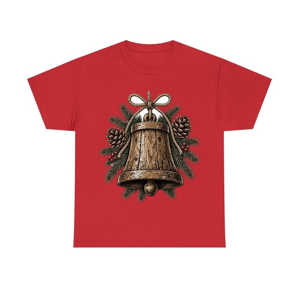 Rustic Wooden Bell With Pine personalised Christmas T-shirt in red