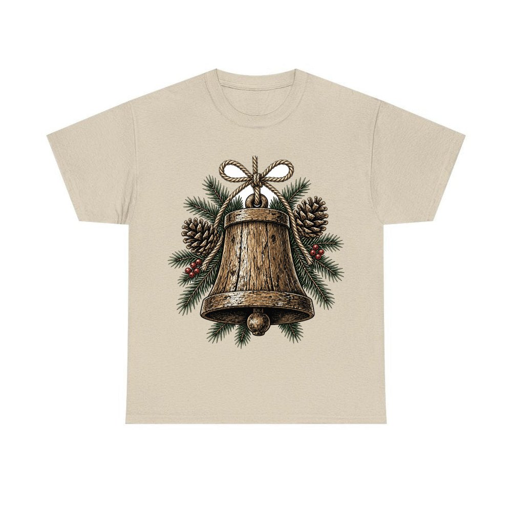 Rustic Wooden Bell With Pine personalised Christmas T-shirt in sand