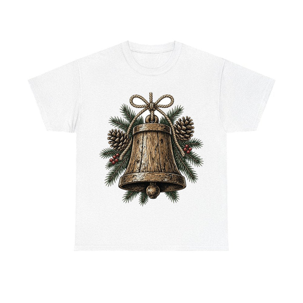 Rustic Wooden Bell With Pine personalised Christmas T-shirt in white