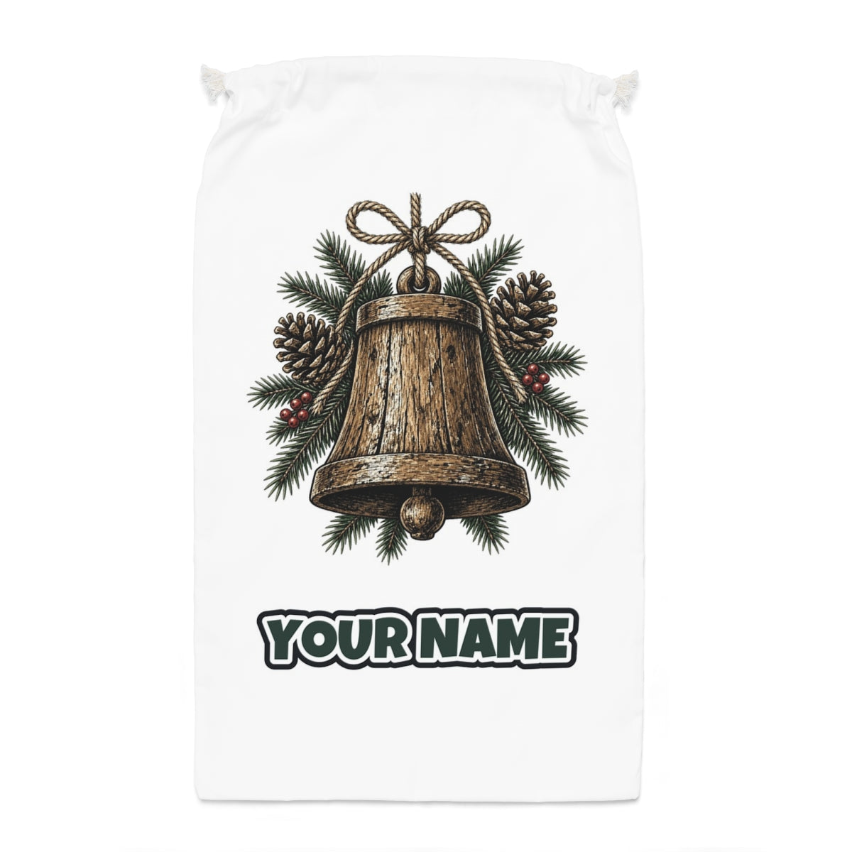 Rustic Wooden Bell With Pine Santa sack laid flat, showing the full print