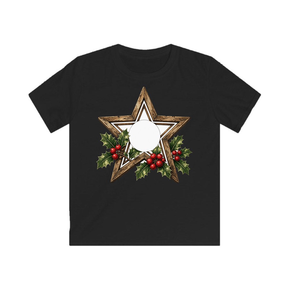 Rustic Wooden Star with Holly personalised kids Christmas tee in black
