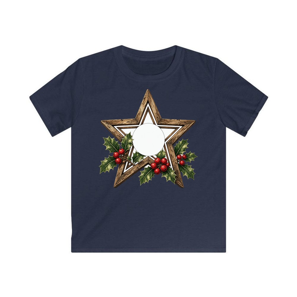 Rustic Wooden Star with Holly personalised kids Christmas tee in navy