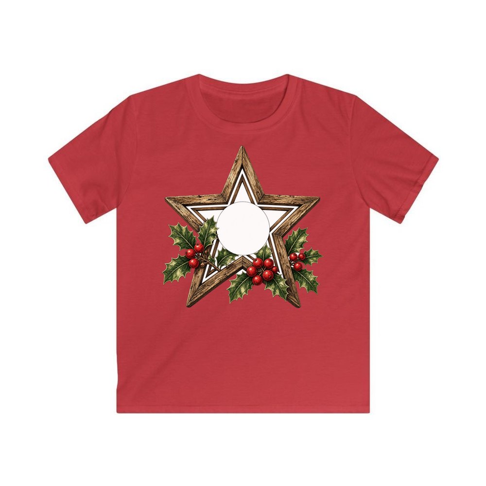 Rustic Wooden Star with Holly personalised kids Christmas tee in red