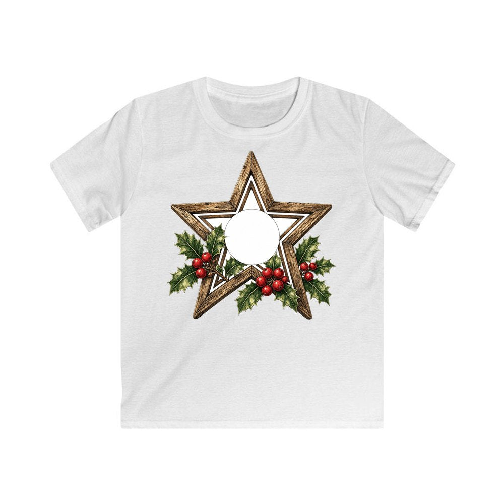 Rustic Wooden Star with Holly personalised kids Christmas tee in white