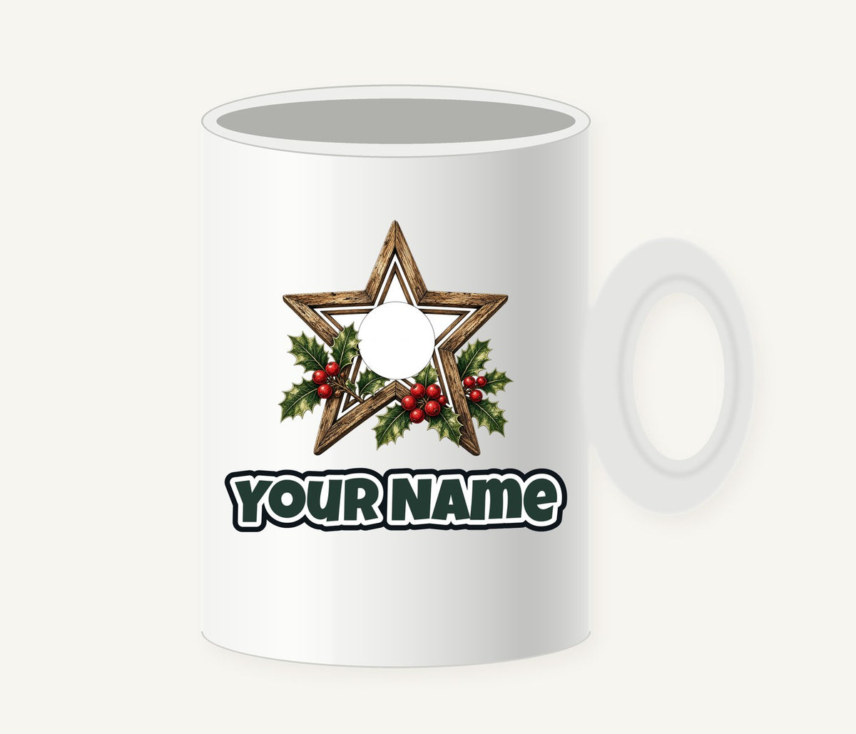 Rustic Wooden Star with Holly Personalised Christmas Mug