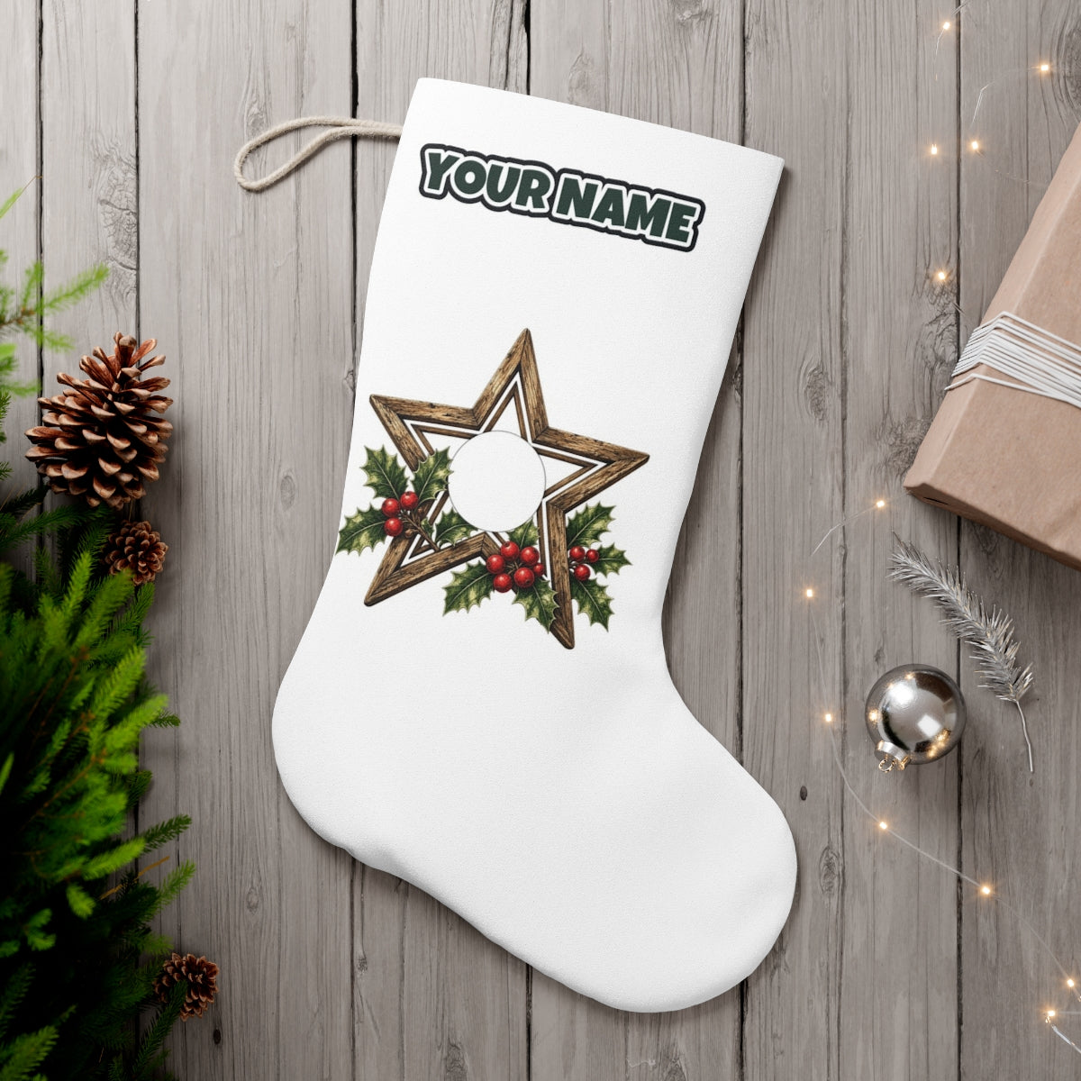 Rustic Wooden Star with Holly personalised Christmas stocking, white, with the name across the top