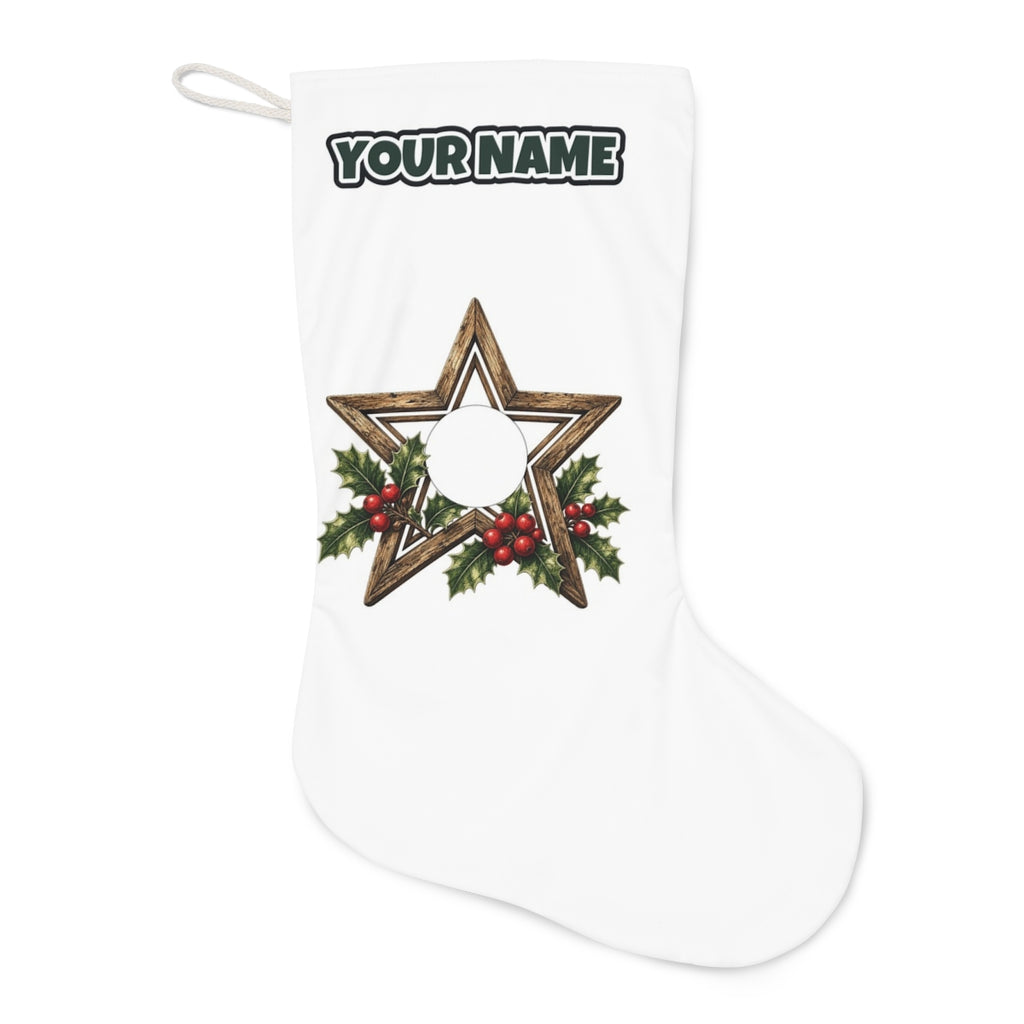 Rustic Wooden Star with Holly Christmas stocking laid flat, showing the full print