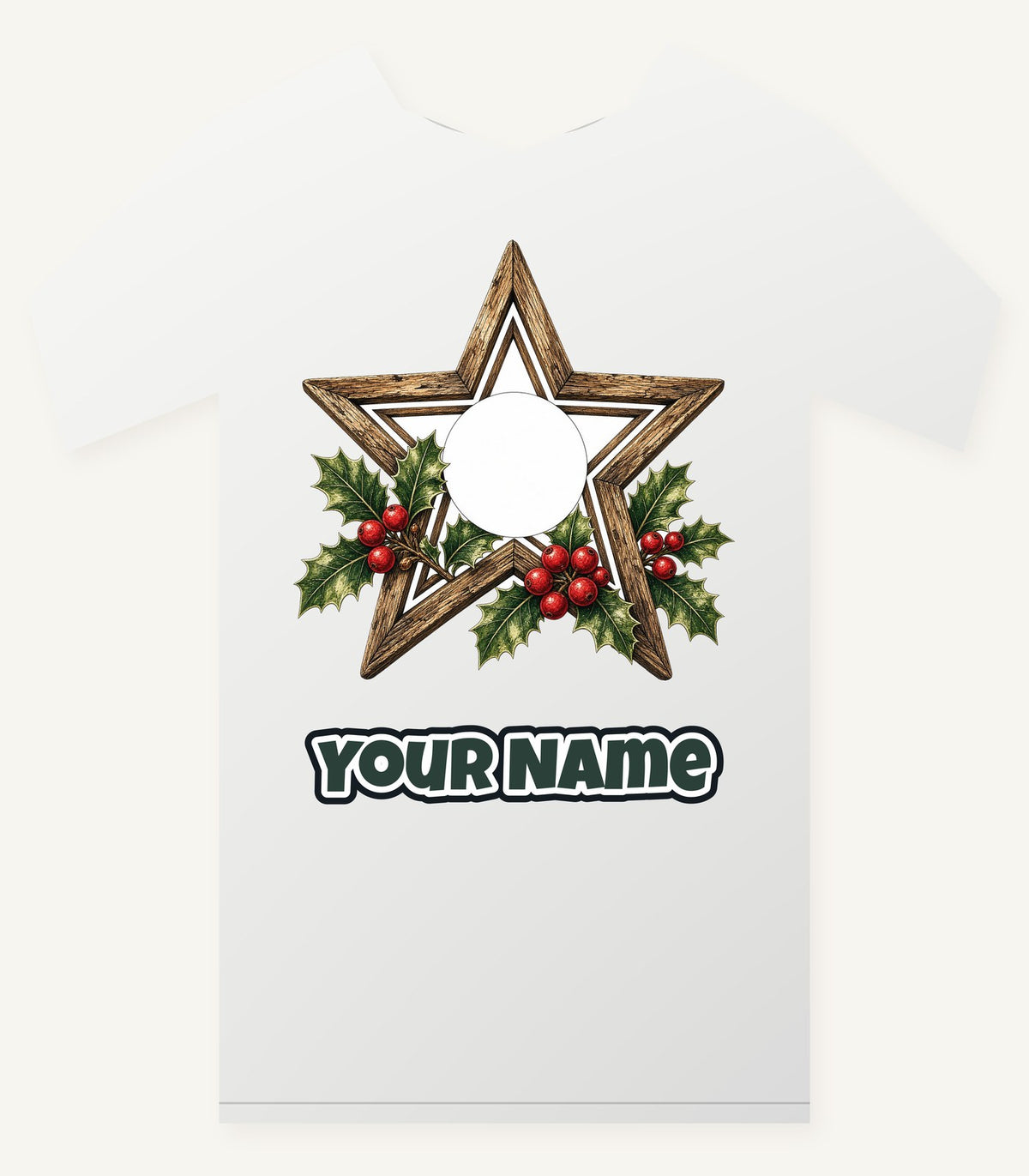 Rustic Wooden Star with Holly Personalised Christmas T-Shirt and Hoodie