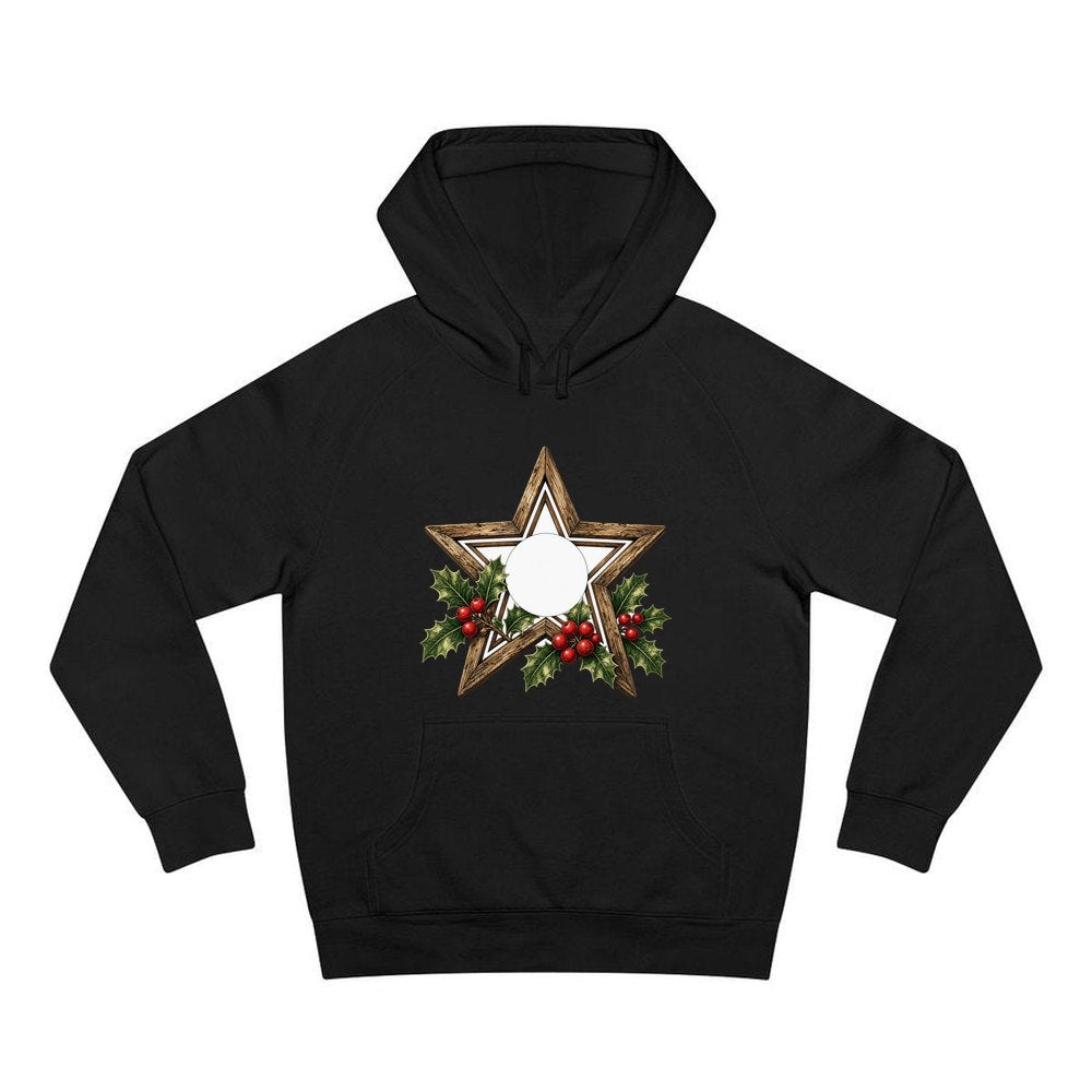 Rustic Wooden Star with Holly personalised Christmas hoodie in black