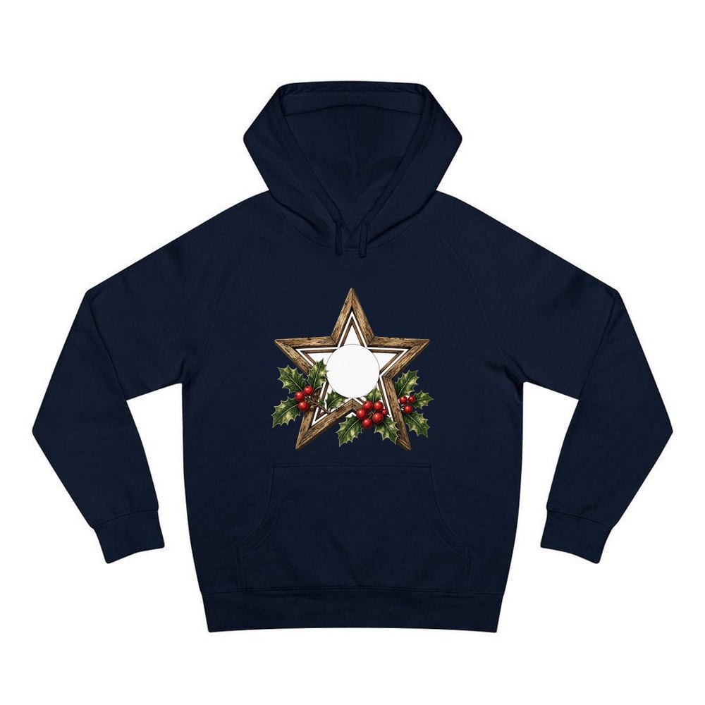 Rustic Wooden Star with Holly personalised Christmas hoodie in navy
