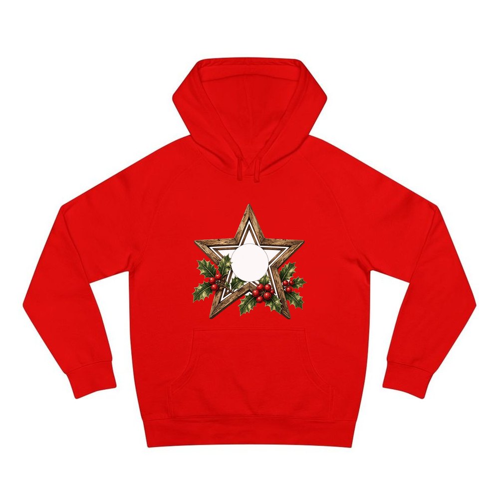 Rustic Wooden Star with Holly personalised Christmas hoodie in red