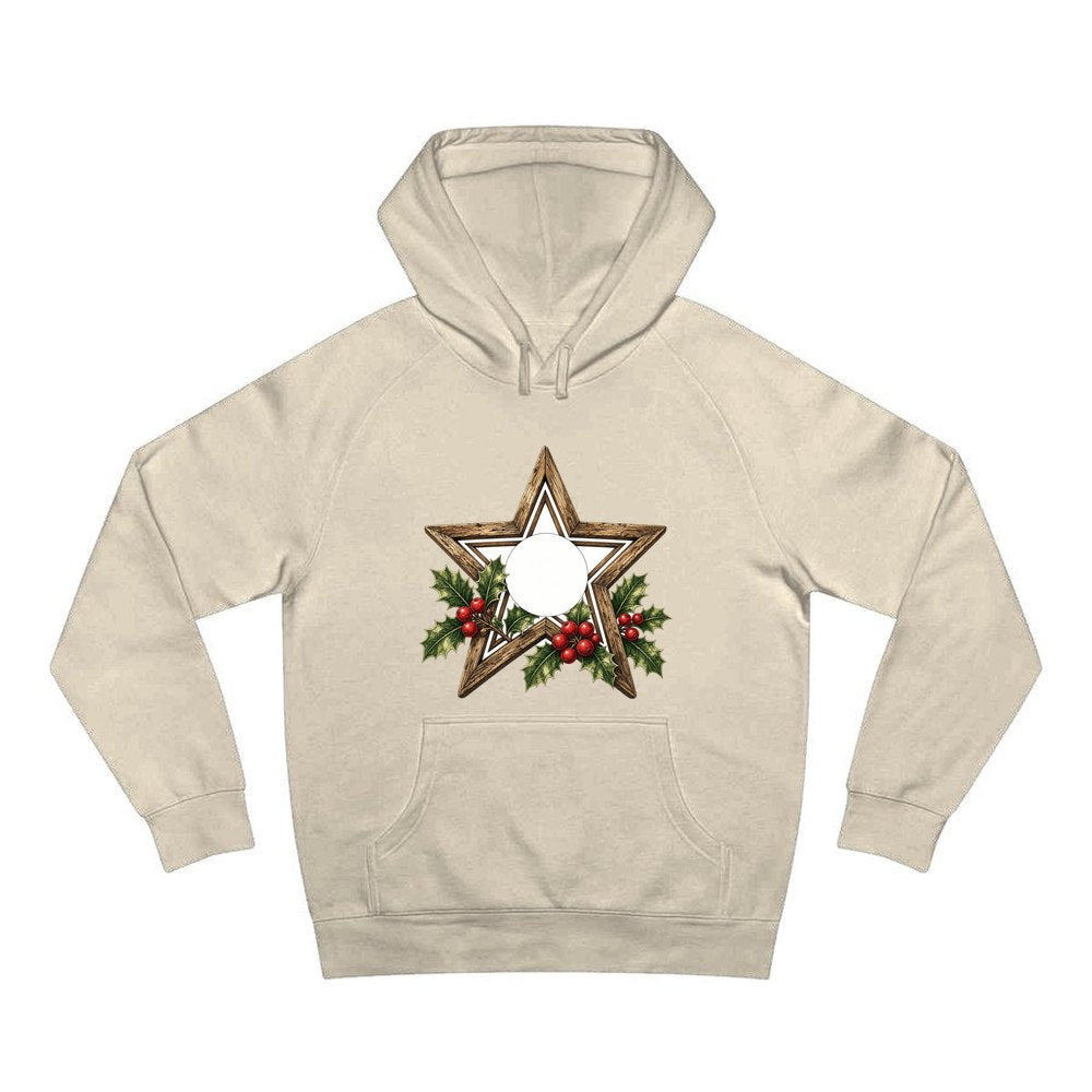 Rustic Wooden Star with Holly personalised Christmas hoodie in sand