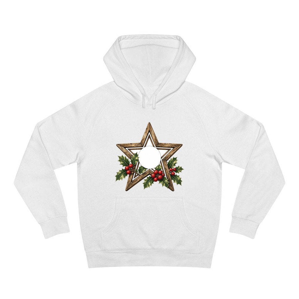Rustic Wooden Star with Holly personalised Christmas hoodie in white