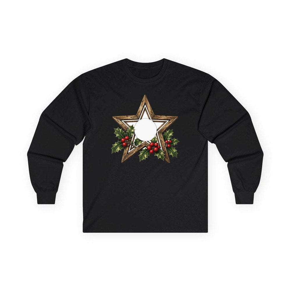 Rustic Wooden Star with Holly personalised long sleeve Christmas T-shirt in black