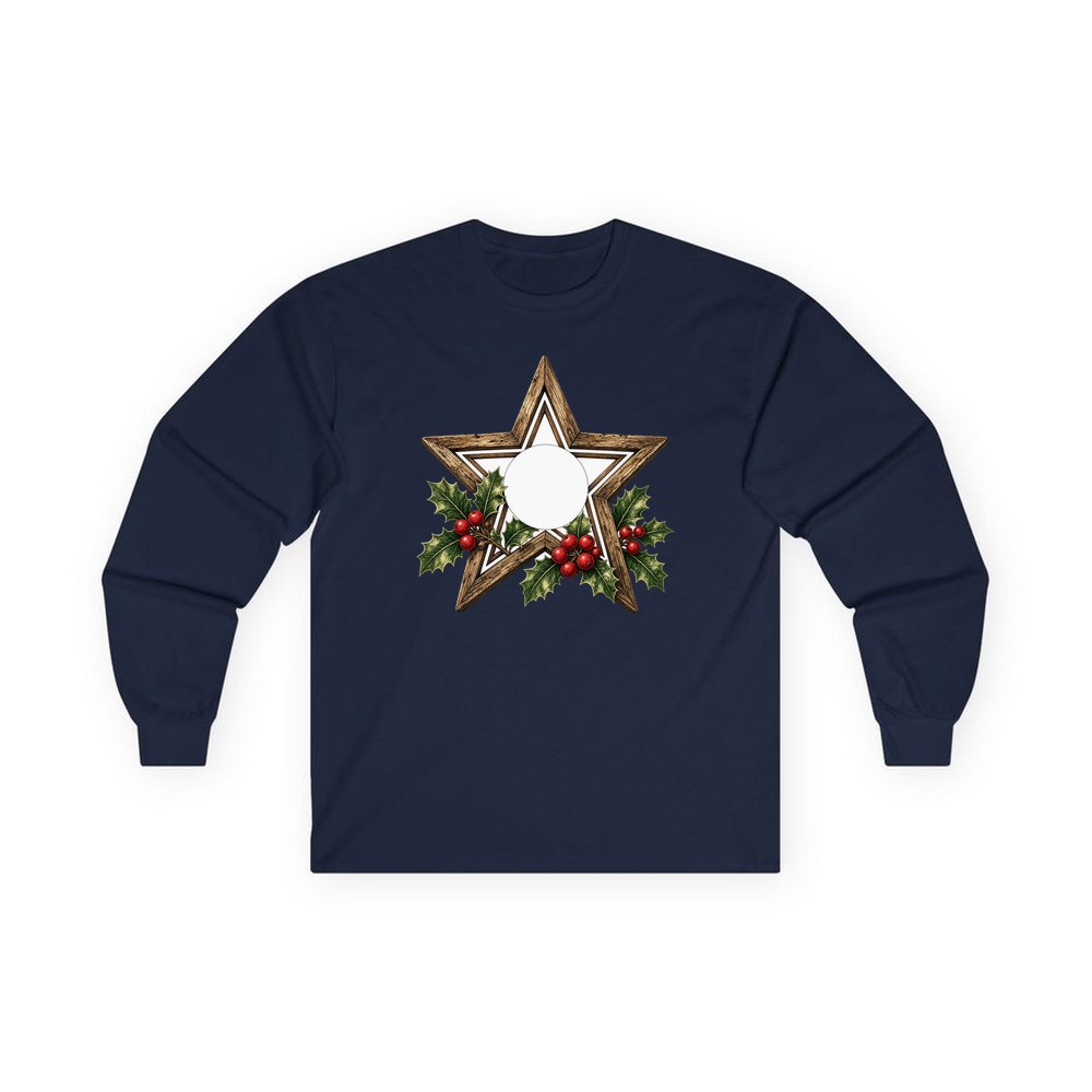 Rustic Wooden Star with Holly personalised long sleeve Christmas T-shirt in navy