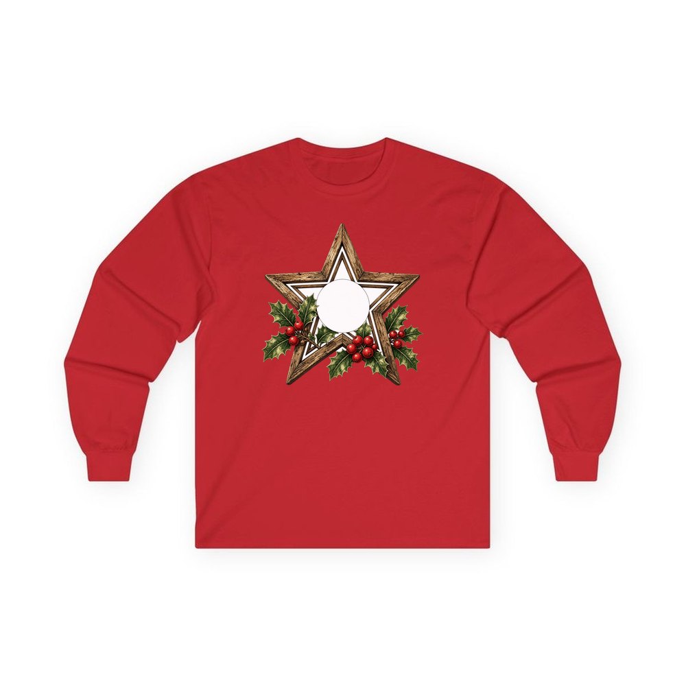 Rustic Wooden Star with Holly personalised long sleeve Christmas T-shirt in red