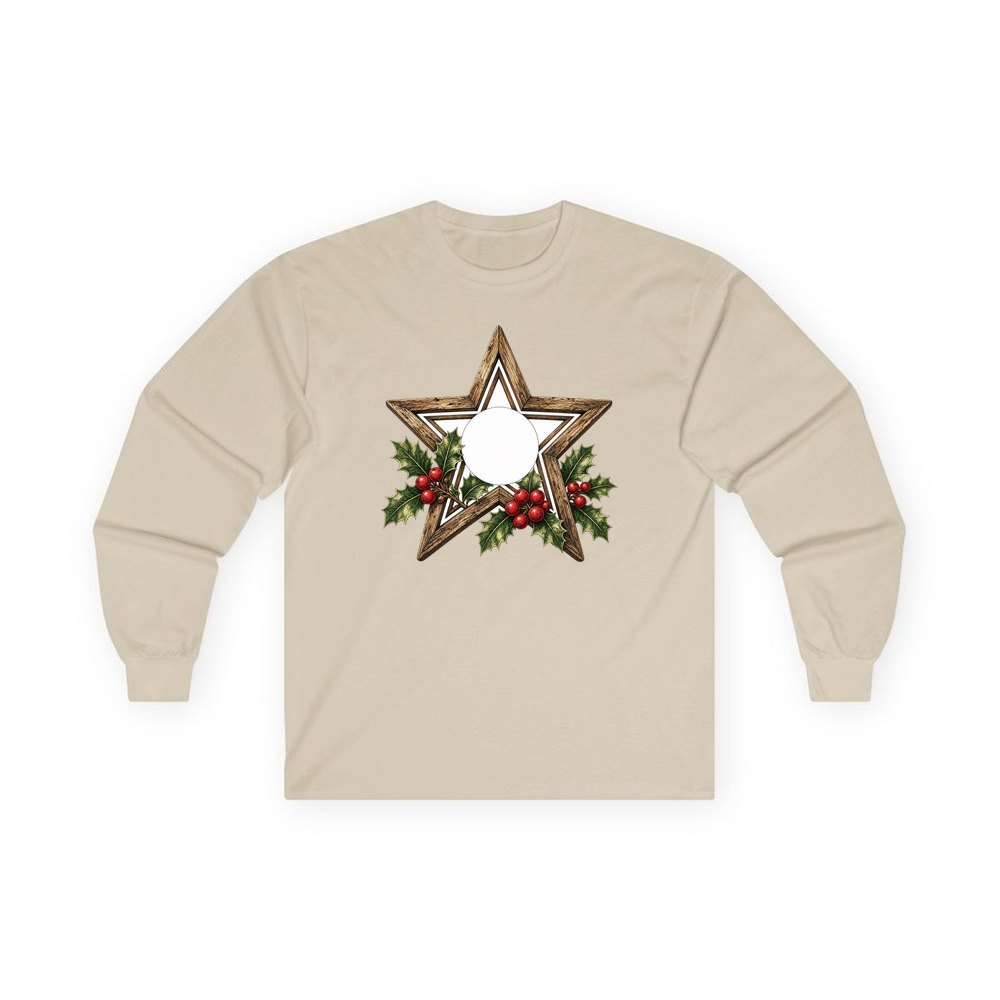 Rustic Wooden Star with Holly personalised long sleeve Christmas T-shirt in sand