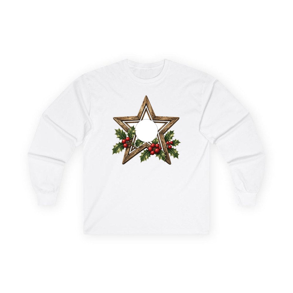 Rustic Wooden Star with Holly personalised long sleeve Christmas T-shirt in white